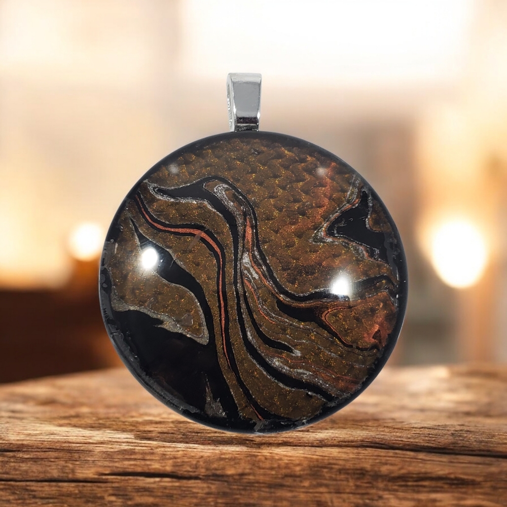 Handmade Black and Brown Abract Swirl Pendant Necklace - Picture 6 of 11